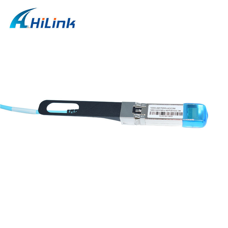 Kabel Optik Aktif Breakout AOC OM3 QSFP28 ke 4xSFP28 100G Bersertifikasi dengan Panjang Kabel 1-5m dan Sertifikasi CE RoHS